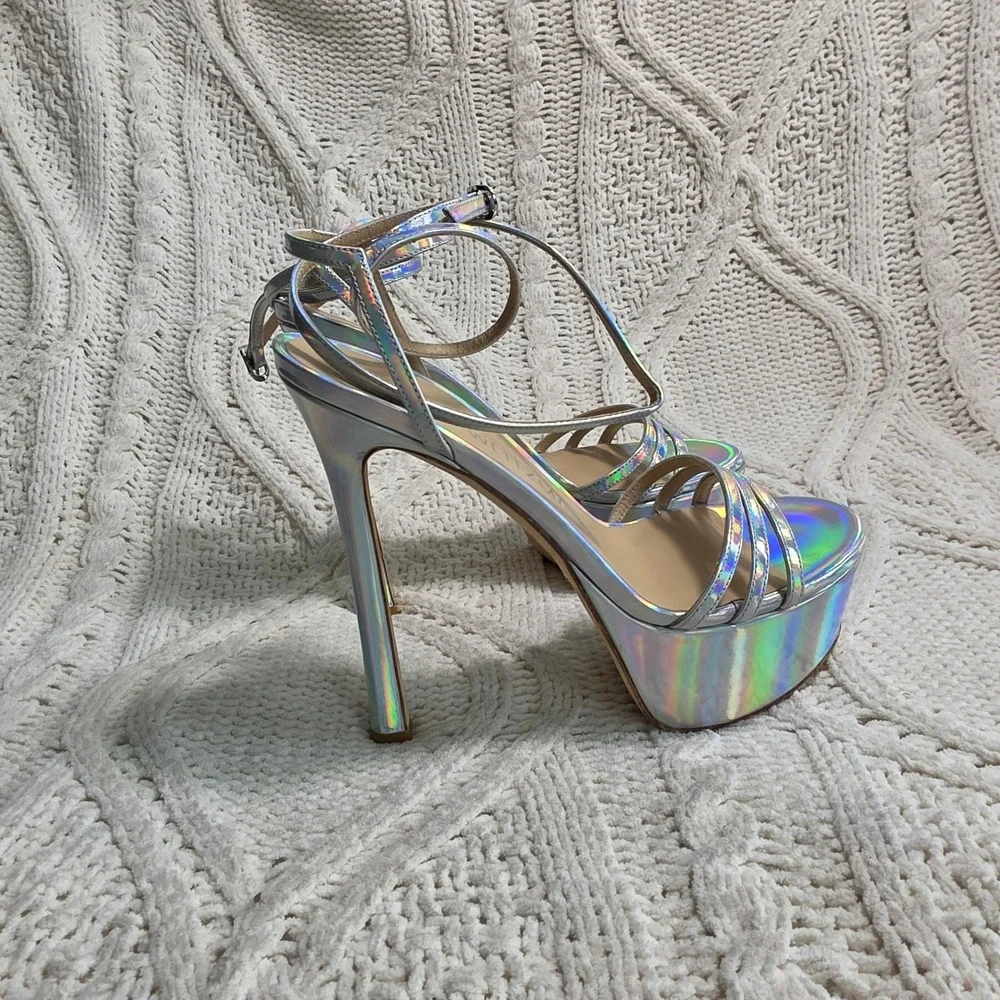 Stuart Weitzman‎ Soiree 145 Platform Silver Holographic Heels Sandals 7.5 NEW